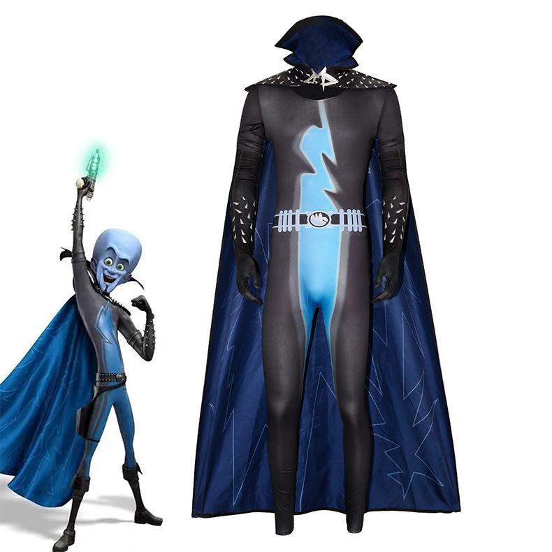 Adult Megamind Cosplay Costume Anime Movie Superhero Bodysuit With Cape Men's Halloween Carnival Party Role Play Clothing