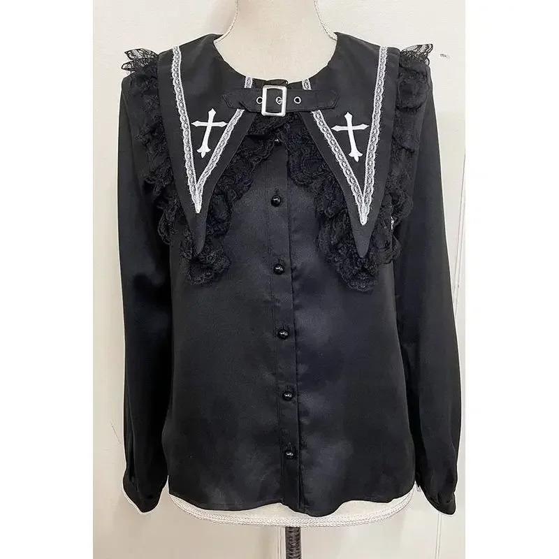Japanese Gothic Lolita Loose Blouses Sweet Lace Ruffles Embroidery Sailor Collar Shirt Women Punk Style Y2k Long Sleeve Top 2026
