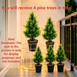 4 Realistic Artificial Cedar Trees Set, Lifelike Evergreen Plants with Plastic Pots, Ideal for Indoor Outdoor Decor, Christmas Setup