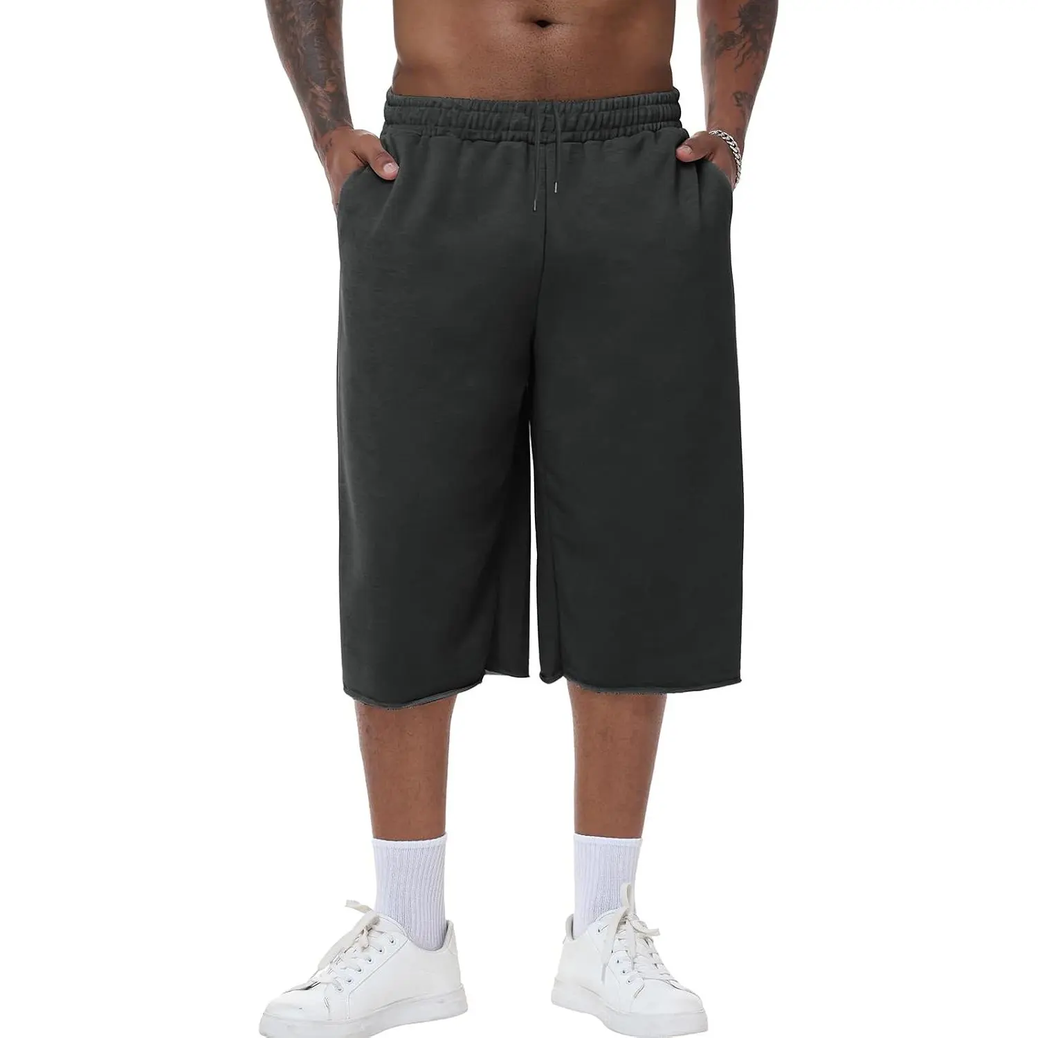 Men's Below-Knee Baggy Sweat Capri Shorts - Loose Cut, Soft Fabric, Drawstring, Pockets for Basketball, Gym