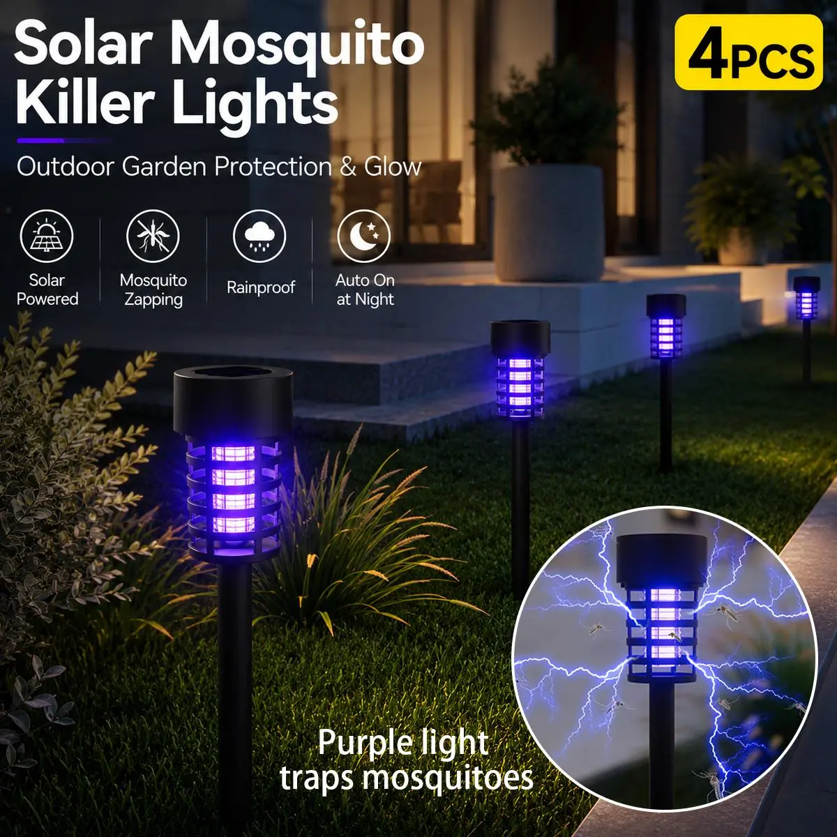 4 Pcs Solar Bug Zapper Outdoor Waterproof Garden Stake Lights, Cylinder LED Mosquito Killer Lamps with High Voltage Electric Grid, Auto On/Off and Ground Insert Design, Solar Fly Zapper for Patio, Yard, Lawn, Pathway, Porch, Camping and Backyard Use