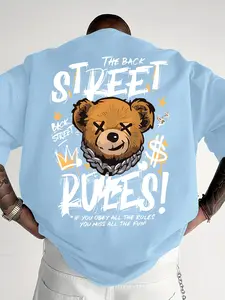 Men's Letter Graffiti Bear Print Casual Round Neck Short Sleeve T-Shirt, Summer Outdoor Sports Top, Fitted Long Sleeveless Tee