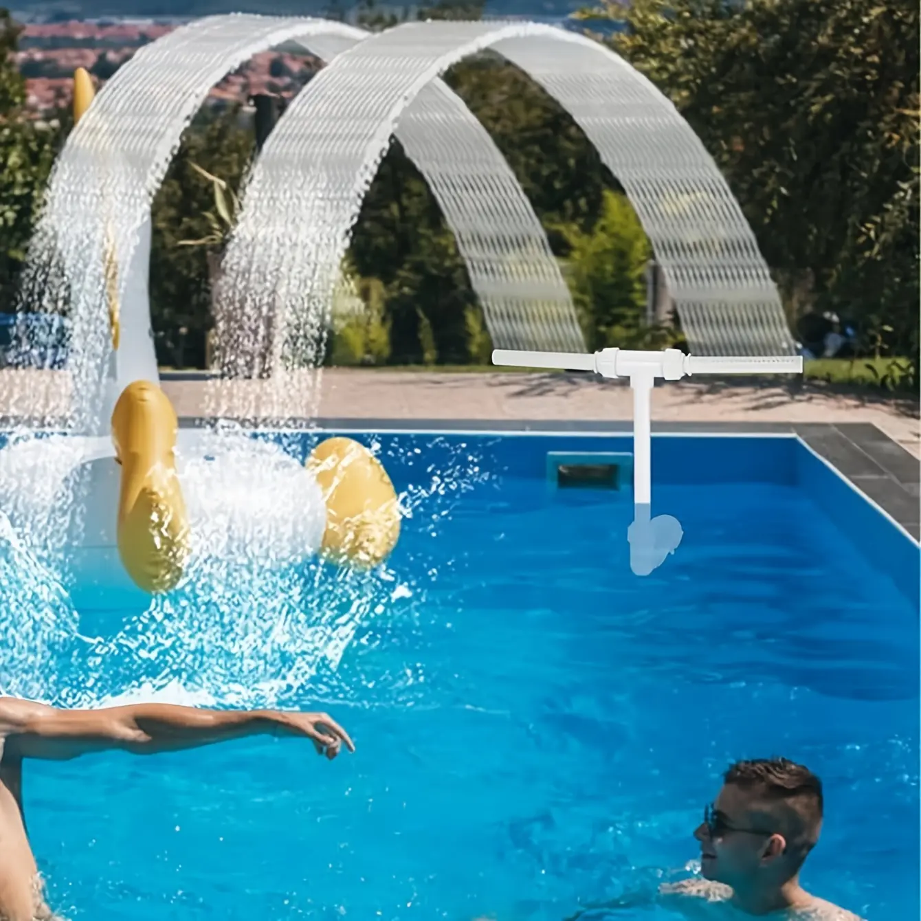 Adjustable Pool Waterfall Fountain with Dual Nozzles, High-Pressure Spray Ideal for Above Ground and In-Ground Pools, Durable Plastic Structure for Outdoor Cooling and Garden Decor