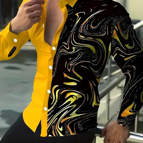 Men's Long Sleeve Blouse, Casual Collared Slim-Fitting, All over Print, Texture, Lightweight Fashion Shirt, Ideal for Daily Wear