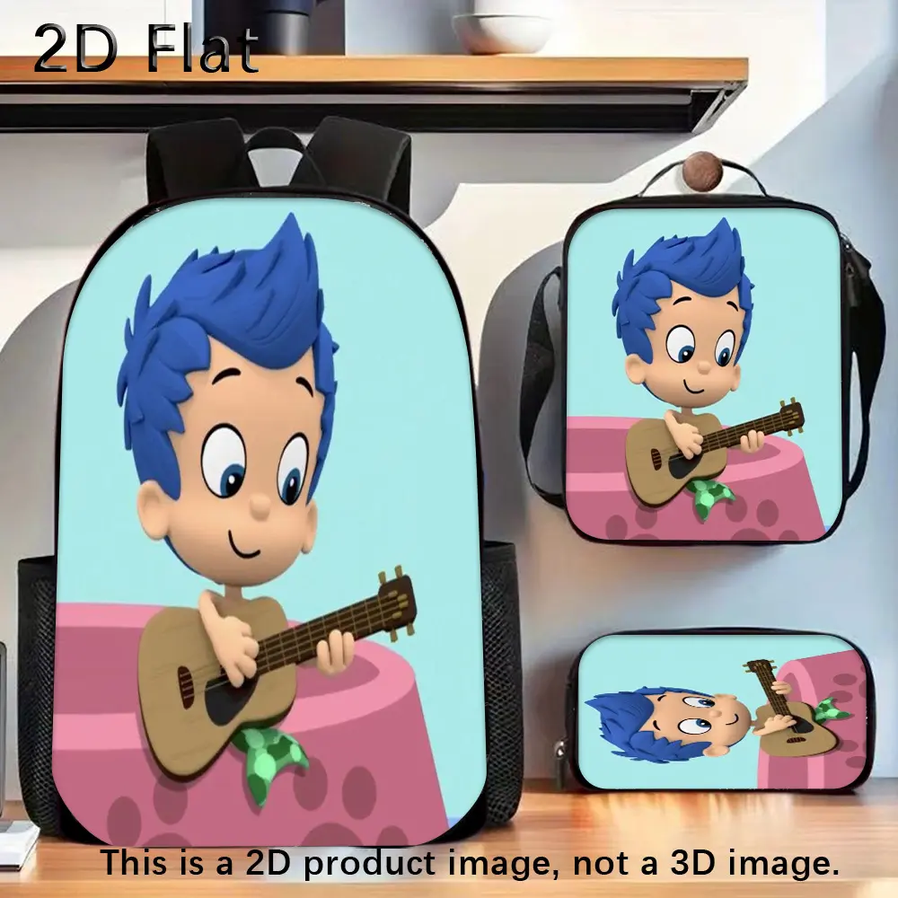 Durable Water Resistant 3-Piece Backpack Set for Kids, Lightweight School Bag with Lunch Box, Pale Cyan Background Bubble Guppies Gil Guitar Cartoon Graphic Print, Spacious 15in Laptop Pocket & Soft Breathable Padded Straps