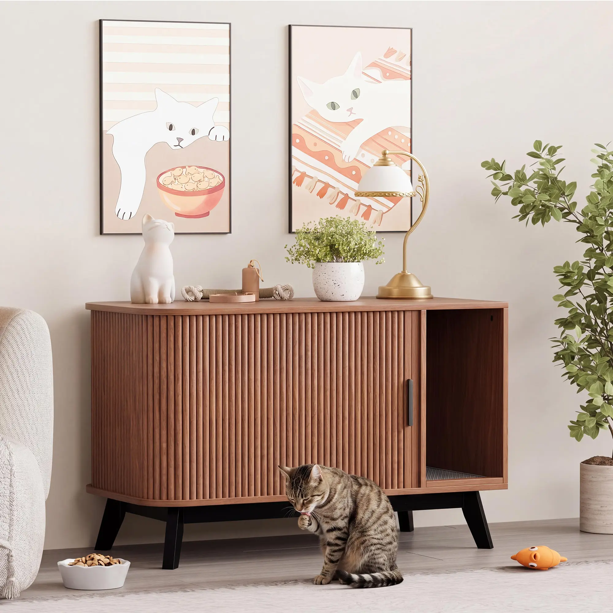39 Inch Modern Hidden Cat Litter Box Enclosure Furniture, Multi-Functional Cat House End Table with Sliding Door & Litter Mat, Indoor Pet Cabinet for Living Room, Available in Natural Wood & Walnut Finishes