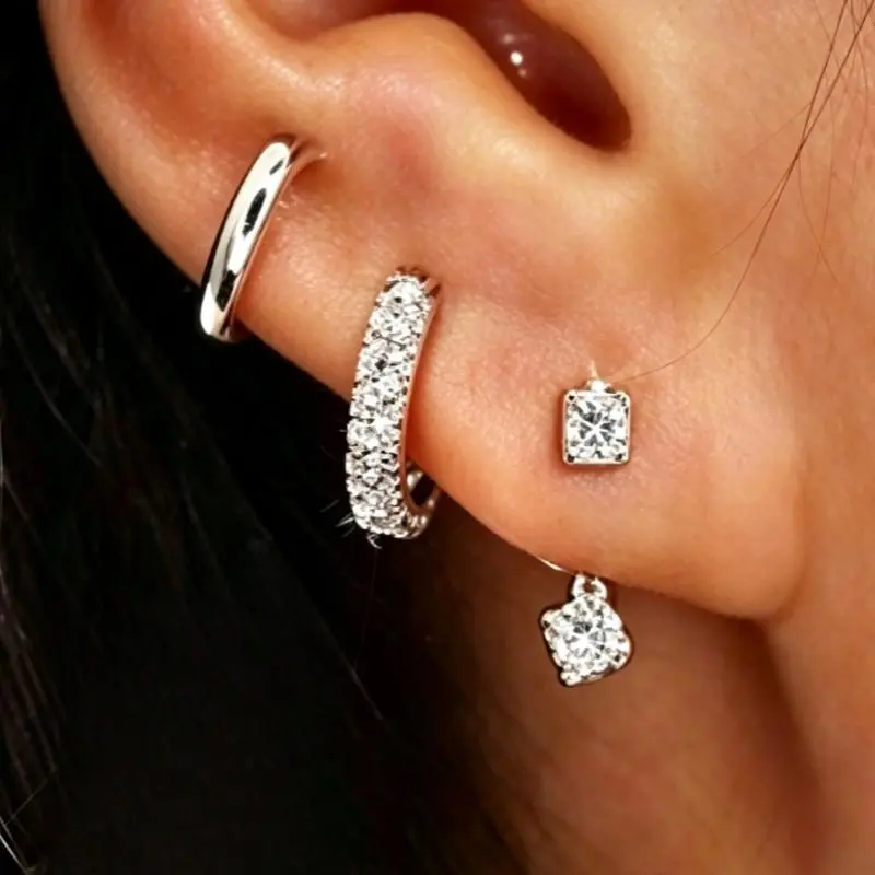 Minimalist Earring Set for Women, Casual 925 Silver Post Huggie Hoop Earrings with Cubic Zirconia & Plain Round Studs, Lightweight Daily Jewelry, Basic, Pierced, Stud Earrings