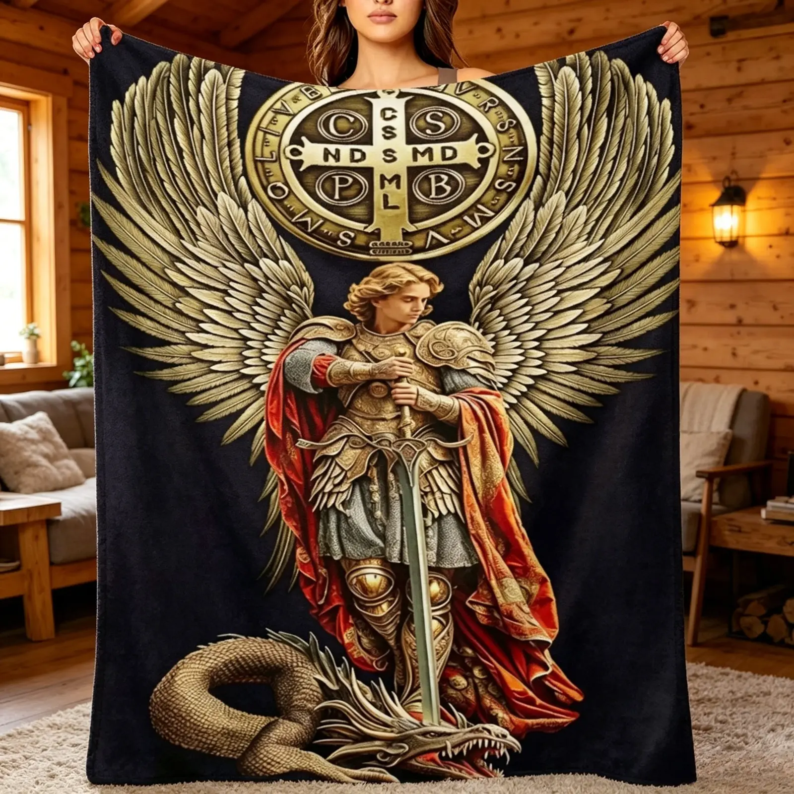 Saint Michael The Archangel Throw Blanket for Kids & Adults, St Benedict Medal Inspired Dragon Slayer Flannel Blanket, Ultra Soft Plush Fleece Throw Blanket, Lightweight Air Conditioner Blanket for Bed Couch Sofa, Christian Faith Home Decor, Prayer Room