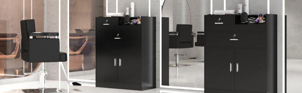 OmySalon Salon Storage Cabinet with Lock, Beauty Barber Salon Styling Station Organizer Equipment,Hair Stylist Station with 5 Hair Dryer Holders,Two Drawers,One Cabinet