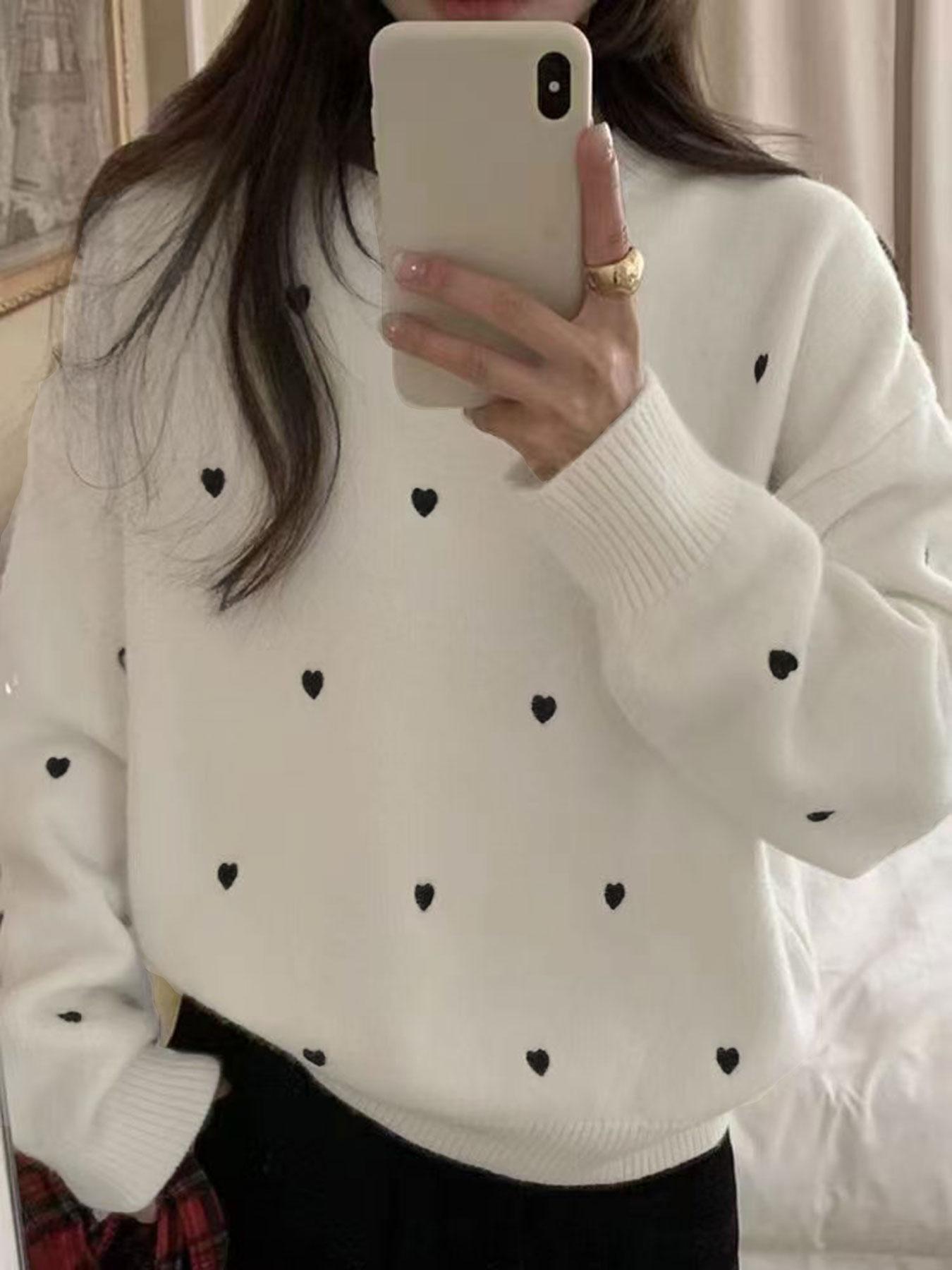 Women's Heart Embroidery Drop Shoulder Sweater, Casual Long Sleeve Round Neck Jumper for Fall & Winter, Fashion Ladies' Knitwear for Daily Wear