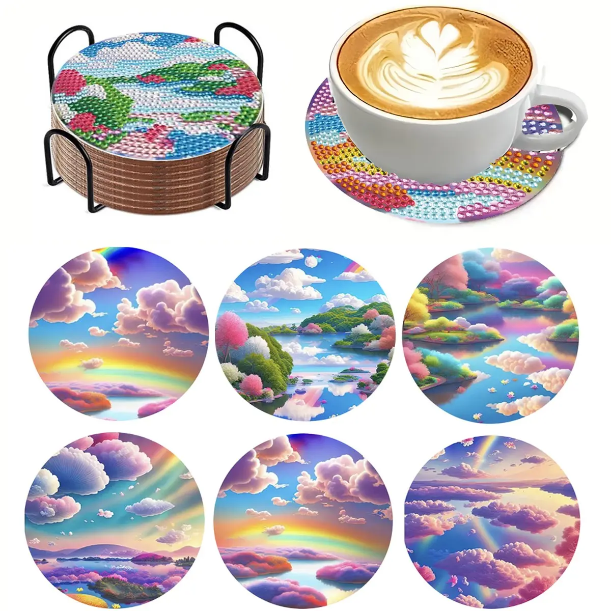 6 Piece Colorful Landscape Diamond Art Painting Wooden Coaster Set with Stand, DIY Diamond Art Coasters, Non-Slip Aesthetic Adult Gift Set, Coasters for Drinks