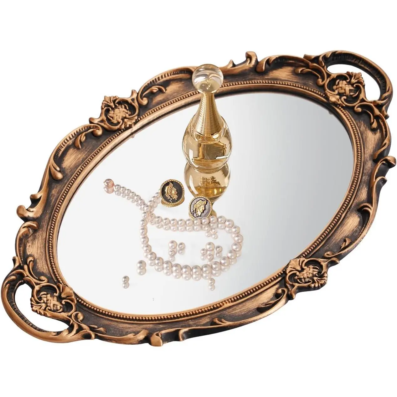 Mirror Tray  Tray for Dresser Perfume Storage Decorative Mirrored Glass Tray  Room Decor, Bedroom, Bathroom Oval Antique Serving Makeup Organizer