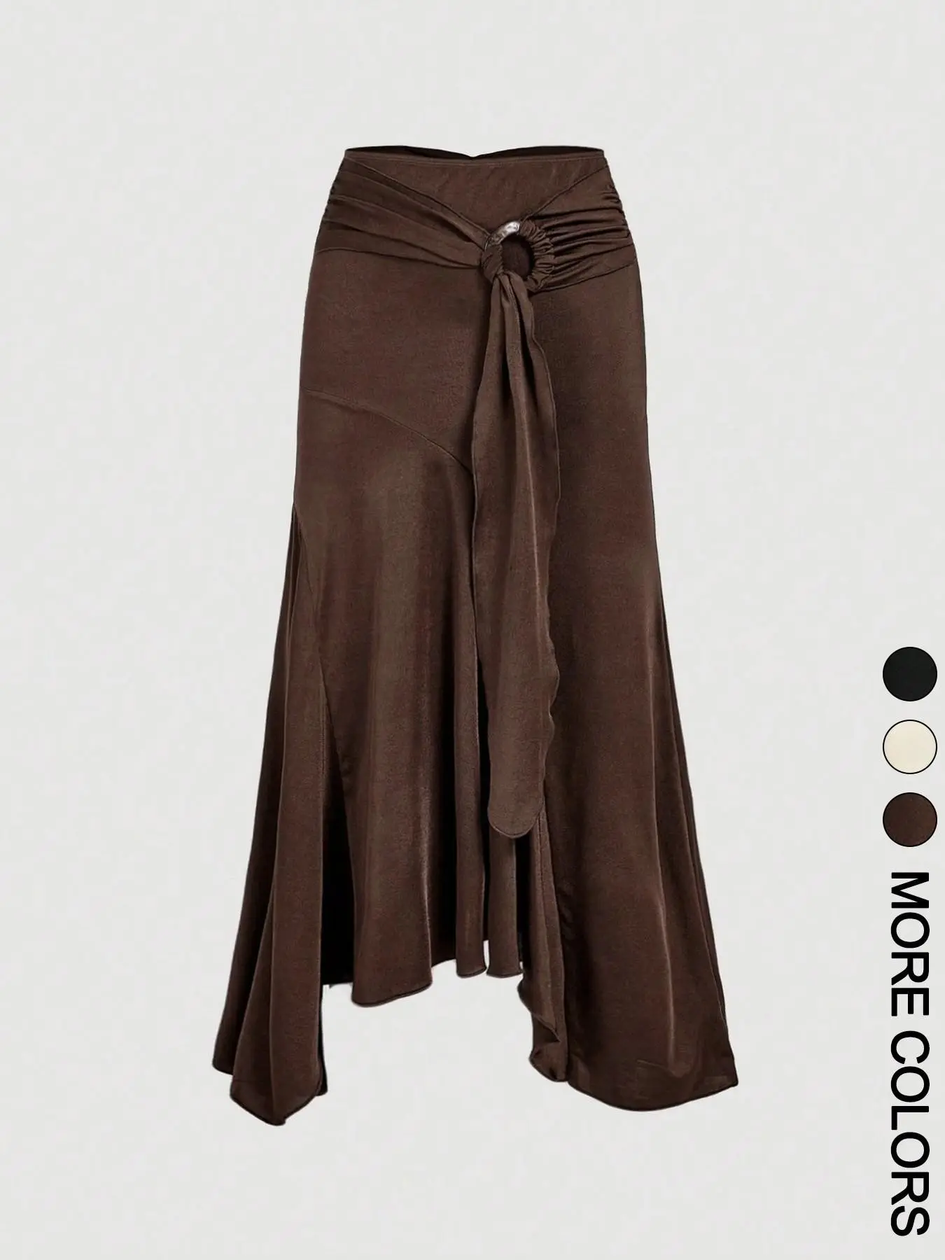 Women's High Waist Midi Skirt, Ruffled Hem Skirt, Asymmetrical Skirt, O-Ring Tie Front Detail, Ruched Back Waist, Asymmetric Flared Ruffle Hem, Smooth Draped Knit Fabric, Daily Commute Date Evening Party Wear, Vintage French Chic Style