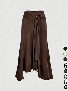 Women's High Waist Midi Skirt, O-Ring Tie Front Detail, Ruched Back Waist, Asymmetric Flared Ruffle Hem, Smooth Draped Knit Fabric, Daily Commute Date Evening Party Wear, Vintage Elegant French Chic Aesthetic Style