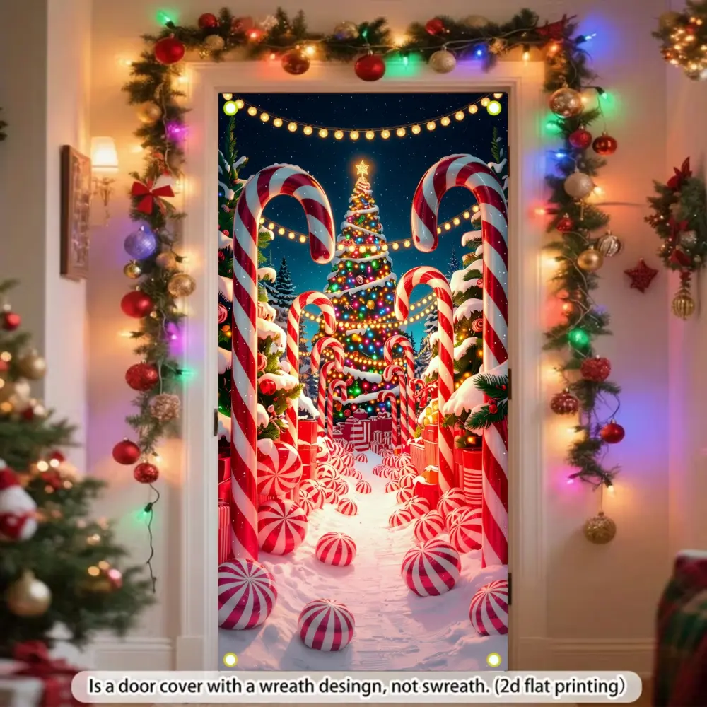 1Pc Festive Candy Land Scene Door Cover Static Window Clings Window Stickers Giant Candy Canes Christmas Tree Snowy Path For Front Door Living Room Bedroom Easy Apply Remove Reusable Christmas Holiday Decoration