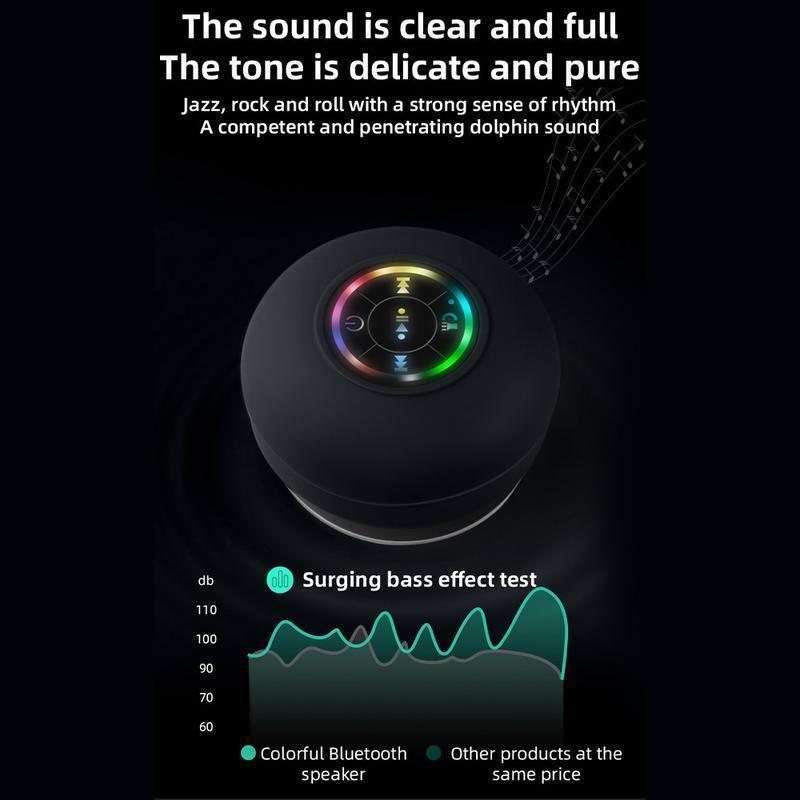 Mini Bluetooth Shower Speaker with LED light, Portable IPX4 Waterproof, Hands-Free Speakerphone. Rechargeable Using Micro USB, Wireless Stereo for Beach, Shower & Home