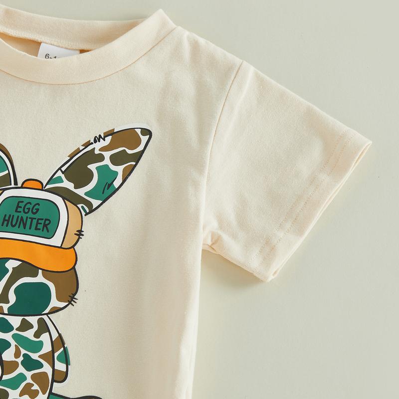 Kids Boys Shorts Set, Short Sleeve Rabbit Print T-shirt with Camouflage Shorts Easter Clothes Summer Outfit