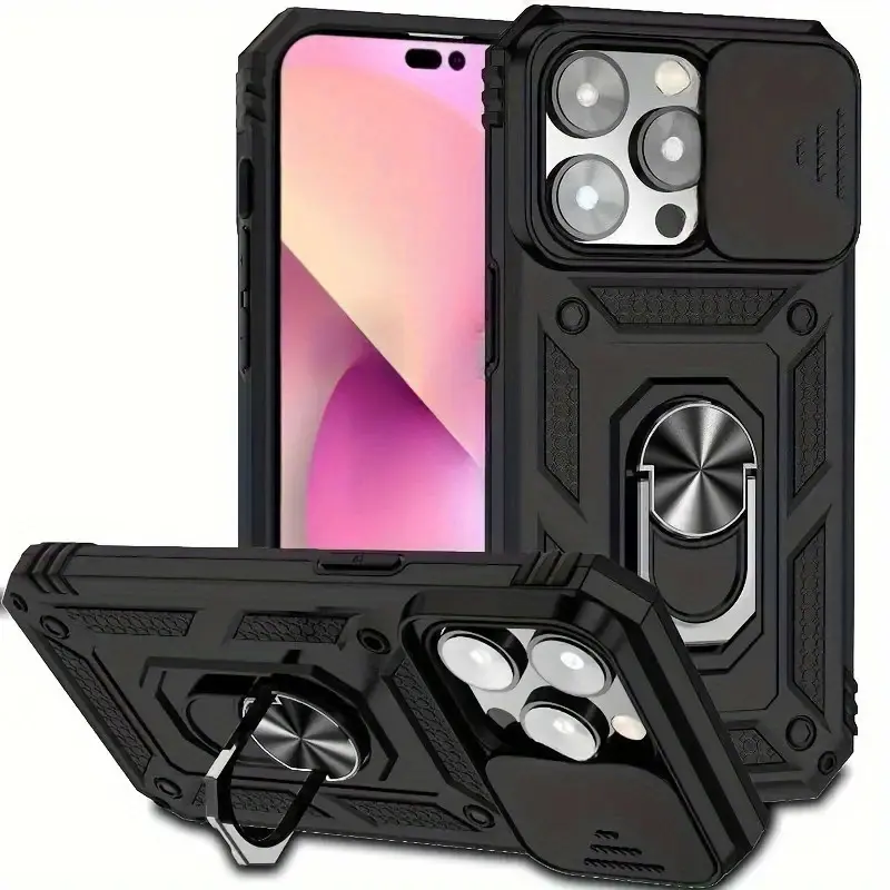 Durable Dual Layer Rugged Protective Case for iPhone 17/16/15/14/13/12/11 Pro Max Plus Air, Slide Camera Shield Magnetic Ring Kickstand Anti-Drop Cover