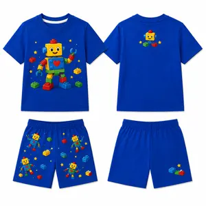 Toddler Boys Building Block 2 Piece Outfit Set, Kids Summer Short Sleeve Graphic T Shirt and Elastic Waist Shorts, Toy Robot Dinosaur Monster Truck Astronaut Print Matching Clothes, Casual Playwear for School, Daycare, Vacation, Birthday Gift, Ages 2-7
