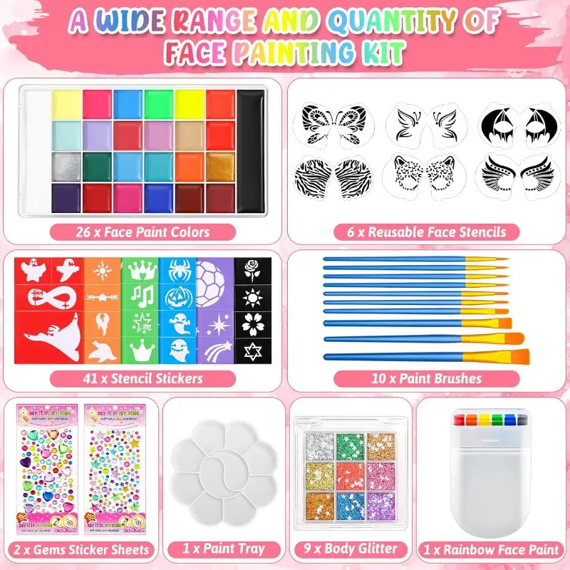 All-in-One Face Paint Kit for Children, 41 Stencil Stickers, Reusable Face Painting Stencils Templates, Gem Stickers & Body Glitter, Washable Shimmering Body Makeup Face Body Makeup Kit for Festival Costume Makeup