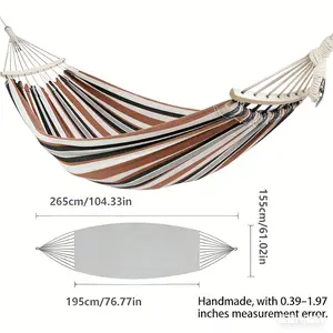 Extra-large and extra-wide, suitable for two people, this outdoor hammock features wooden poles and an extended rope for portability.The upgraded version includes two anti-tumble balancing poles, ideal for camping, patios, backyards, and outdoor use