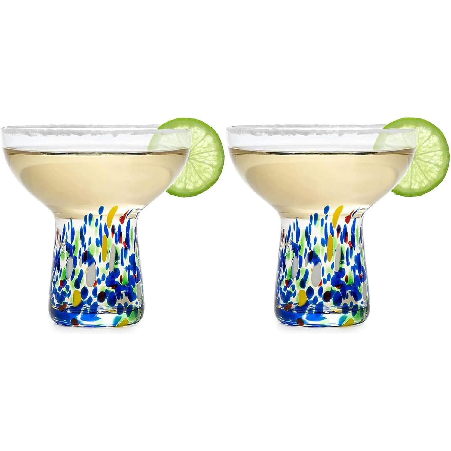Set of 2 Large Stemless Hand Blown Confetti Margarita Glasses 14 oz