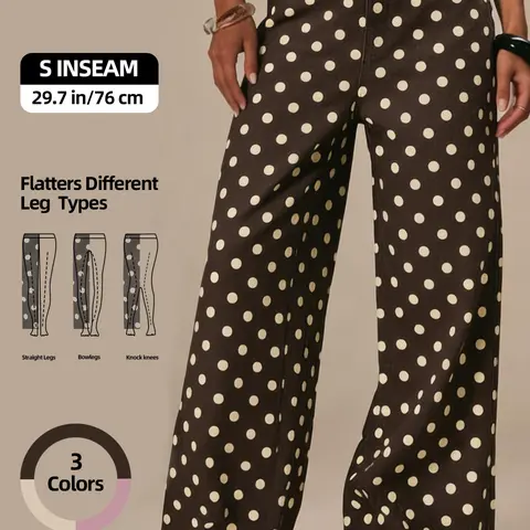 Women’s High Waisted Polka Dot Wide Leg Chic Vintage Jeans – Flattering Cotton Denim Pants for All Leg Types & Casual Wear