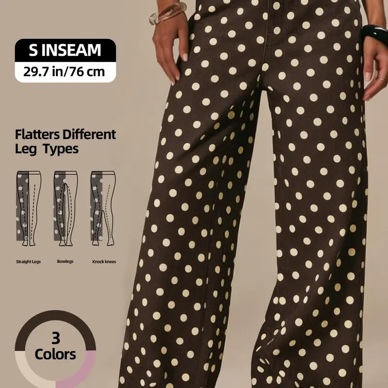 Women’s High Waisted Polka Dot Wide Leg Chic Vintage Jeans – Flattering Cotton Denim Pants for All Leg Types & Casual Wear