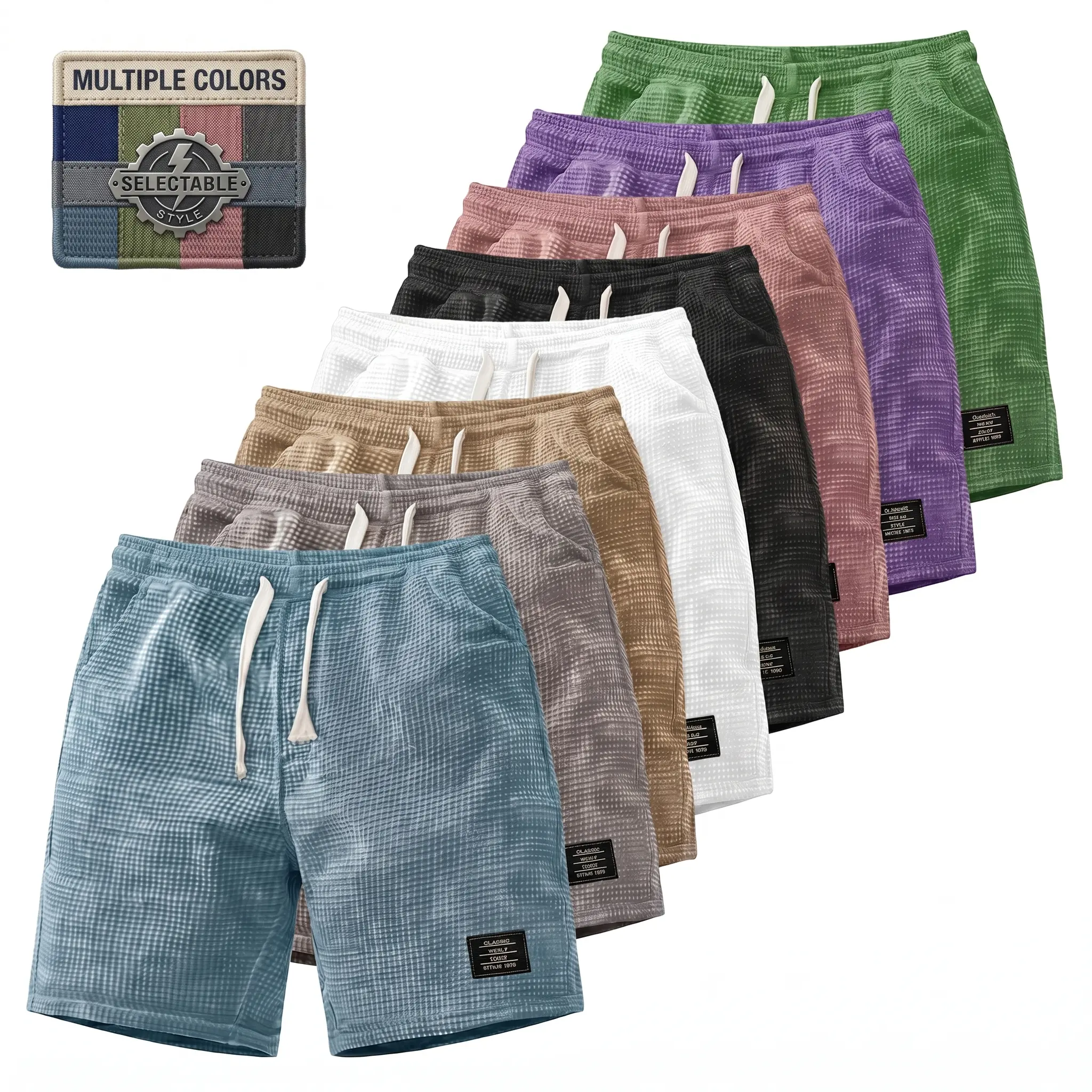 Men's Waffle Textured Shorts, Casual Loose-Fitting Street Style Menswear with a Drawstring Waist, Sizes up to 2XL, Classic Drawstring Waist, Minimalist, Normal Type, Baggy, Above The Knee