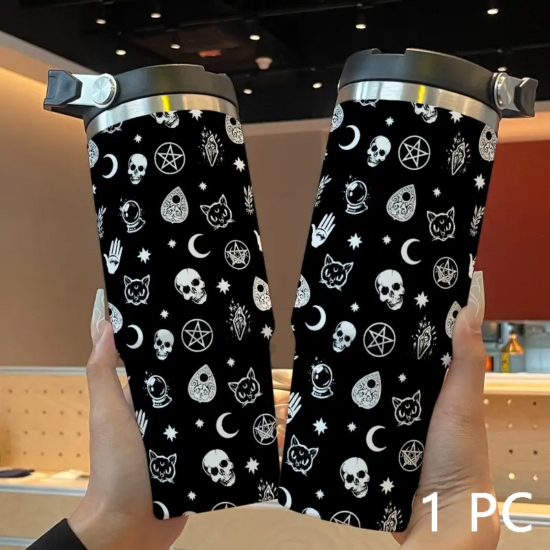 30oz Insulated Tumbler with Straw, Thermal Tumbler, Moon Skull Pattern, Stainless Steel Coffee Thermos, Ideal for Cold and Hot Drinks, Perfect Gift for Men and Women