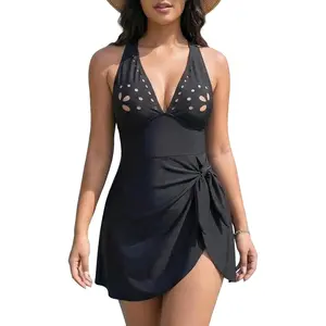 One Piece Swimsuit with Cover up Wrap Skirt Sarong Floral Print Plunge V Neck Bathing Suit for Women