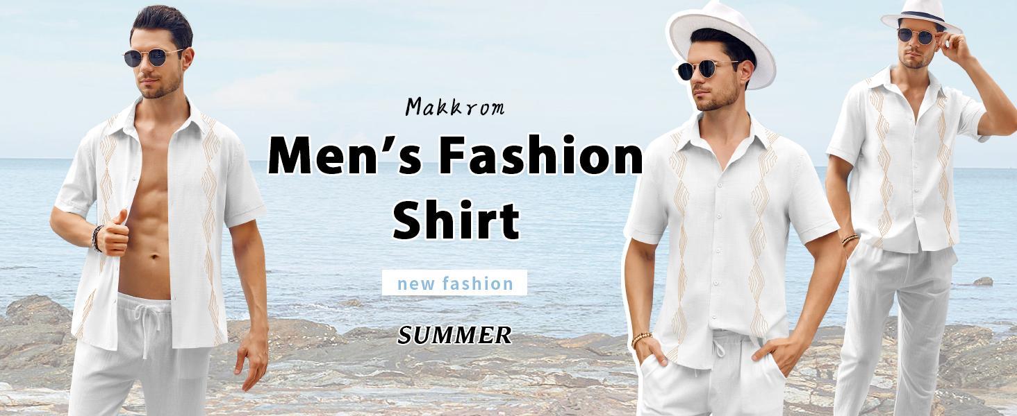 PASLTER  Men Cuban Guayabera Shirts Linen Short Sleeve Button Down Cotton Mexican Beach Wedding Shirt Casual Kurta Menswear