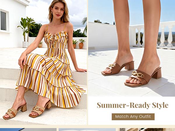 Athlefit Women's Raffia Heeled Sandals Square Open Toe Slip On Mules Chunky Block Heels with Metal Chain for Summer Vacation