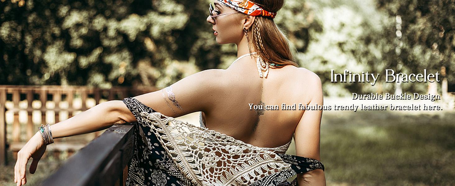 Women’s Leather Wrap Bracelets - Boho Western Cuff Style, Beaded Stackable Design | Gold, Black, Gray Trendy Fashion Accessories