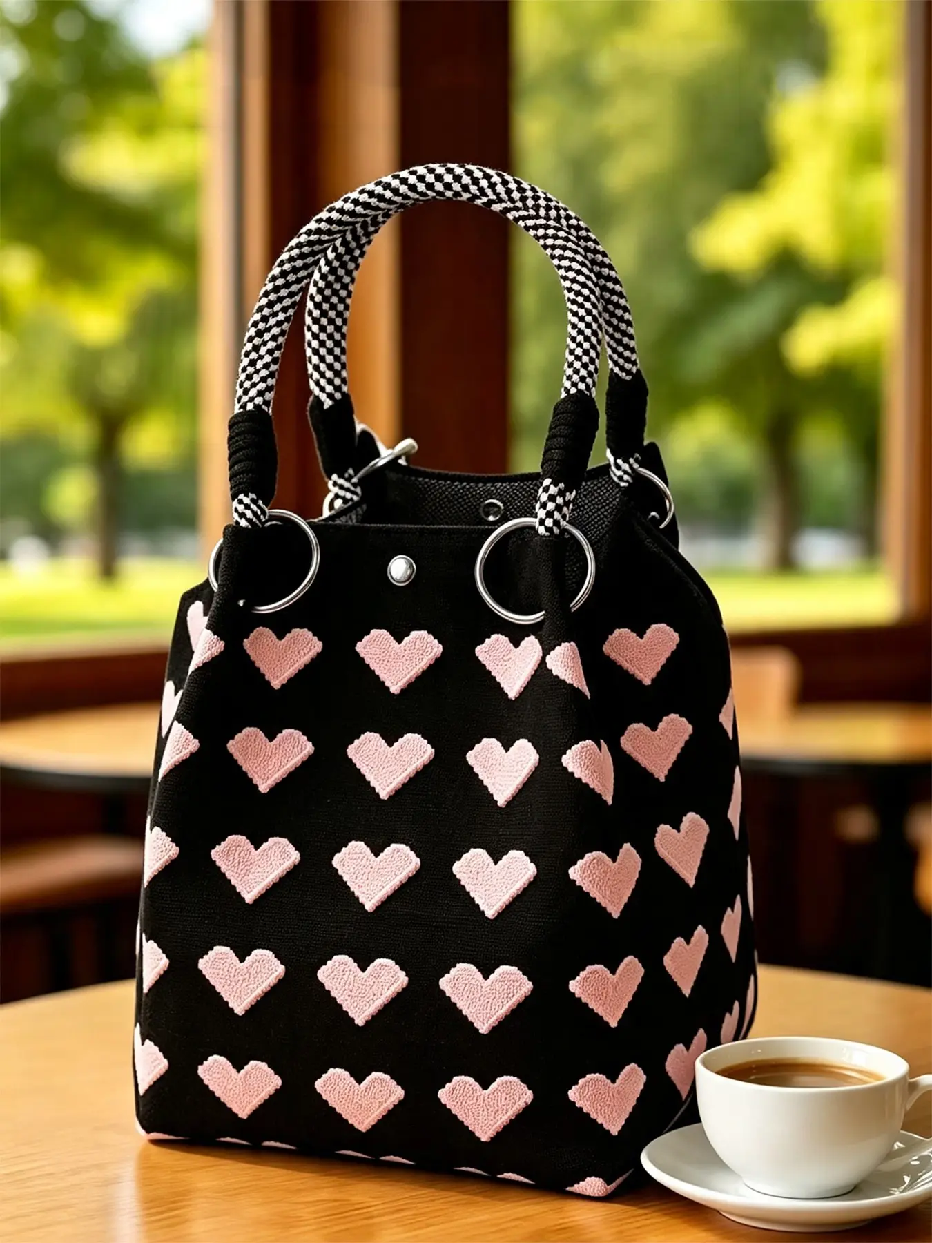 Cute embossed canvas women's handbag, black checkered woven top handle bucket shaped handbag with metal ring details, large capacity casual daily shopping bag, ideal for campus learning, coffee outings, and grocery shopping, Bucket purse
