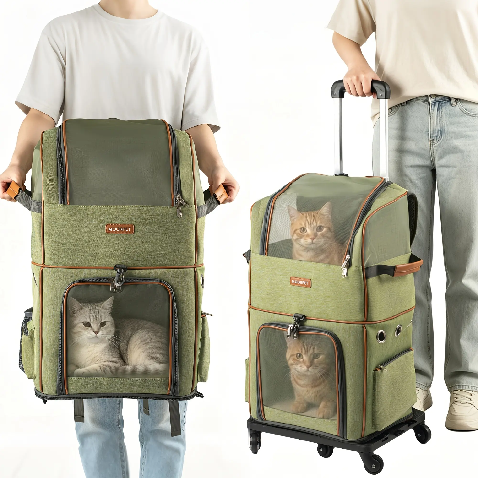 2-In-1 Rolling Pet Carrier Backpack, Double Decker Wheeled Rolling Trolley Carrier Bag with Breathable Mesh, Detachable Shoulder Straps, Telescopic Handle, Multi-Carry Ways for 2 Cats or Small Dogs