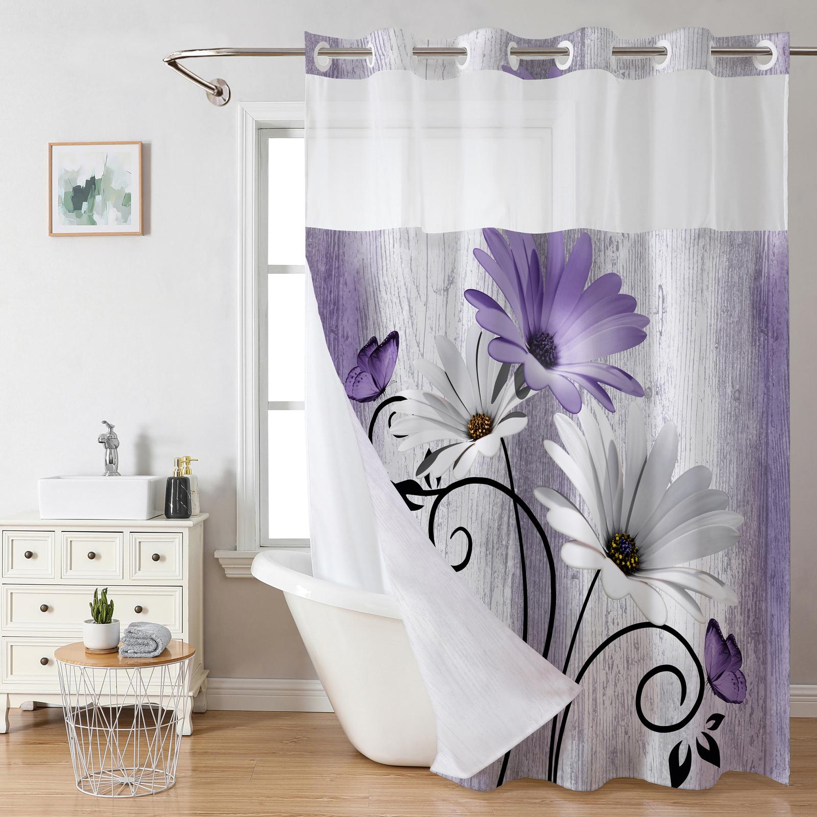 No hooks double-layer shower curtain, Daisy printed waterproof fabric, retro country style home decoration, hotel, dormitory and bathroom accessories, 72x75in