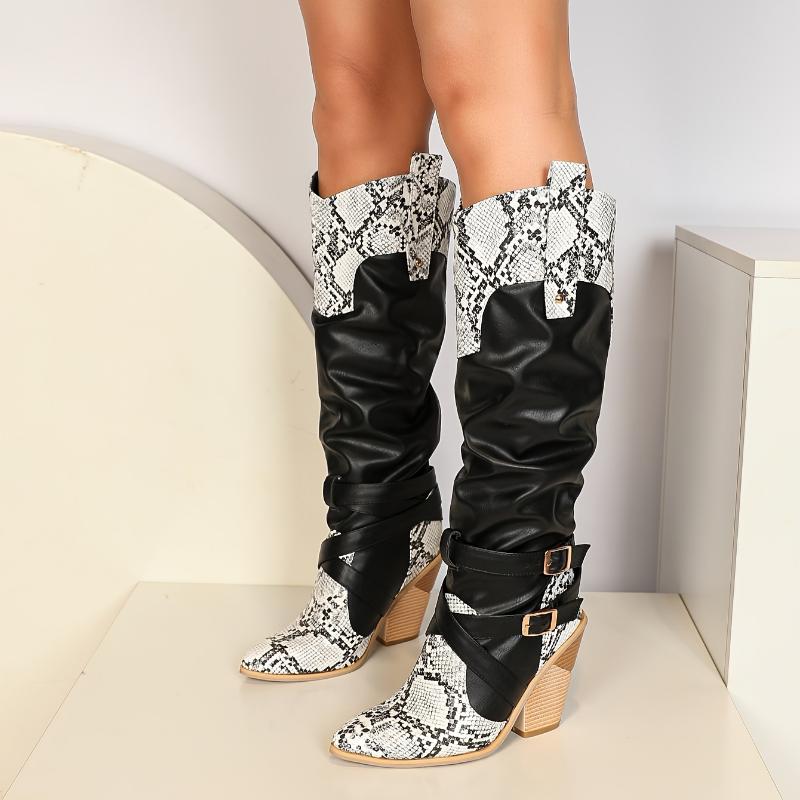 Stunning Snake Pattern Western Cowboy Boots for Women - High Heel, Pointed Toe, Comfortable, Breathable, Soft Upper, Durable Outsole, Perfect for Fall and Winter - Handcrafted in Chengdu, China with Unique Random Print