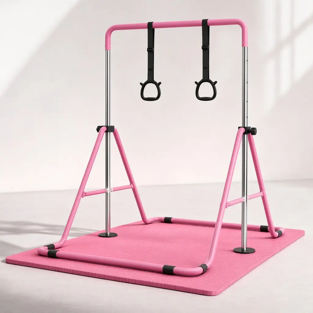 Sturdy Kids Gymnastics Bar - Foldable Horizontal Training Equipment with Adjustable Height, Mat for Young Gymnasts’ Indoor Home Practice, Supports Skill Development & Active Play, Indoor Use, Supports Active Play, Set, Refer To Packaging