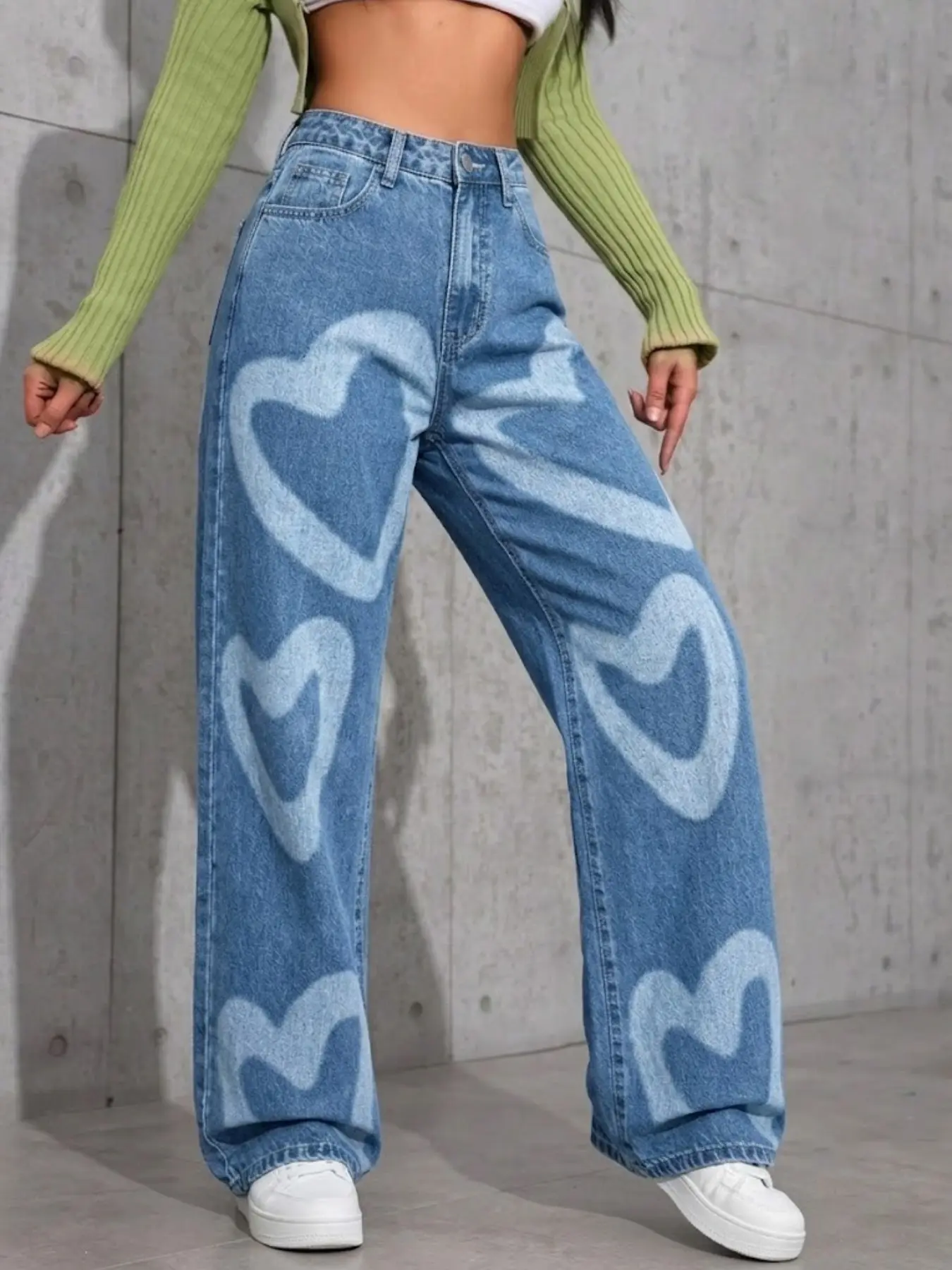 Y2K Vintage Heart Print Wide Leg Jeans for Women, High Waist Washed Loose Fit Denim Jeans, Casual Streetwear Boho Style, Music Festival