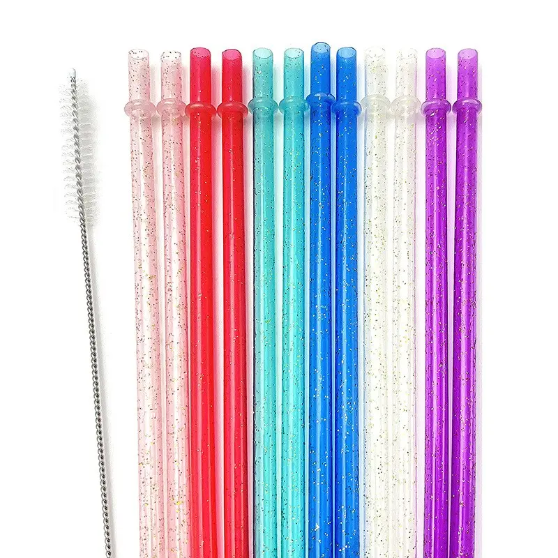 12PCS 9-Inch Reusable Drinking Straws Set, Durable PP Plastic in Pink Red Green Blue White Purple, Glitter Finish Smooth Edges, Fits 20-40oz Tumblers with Cleaning Brush