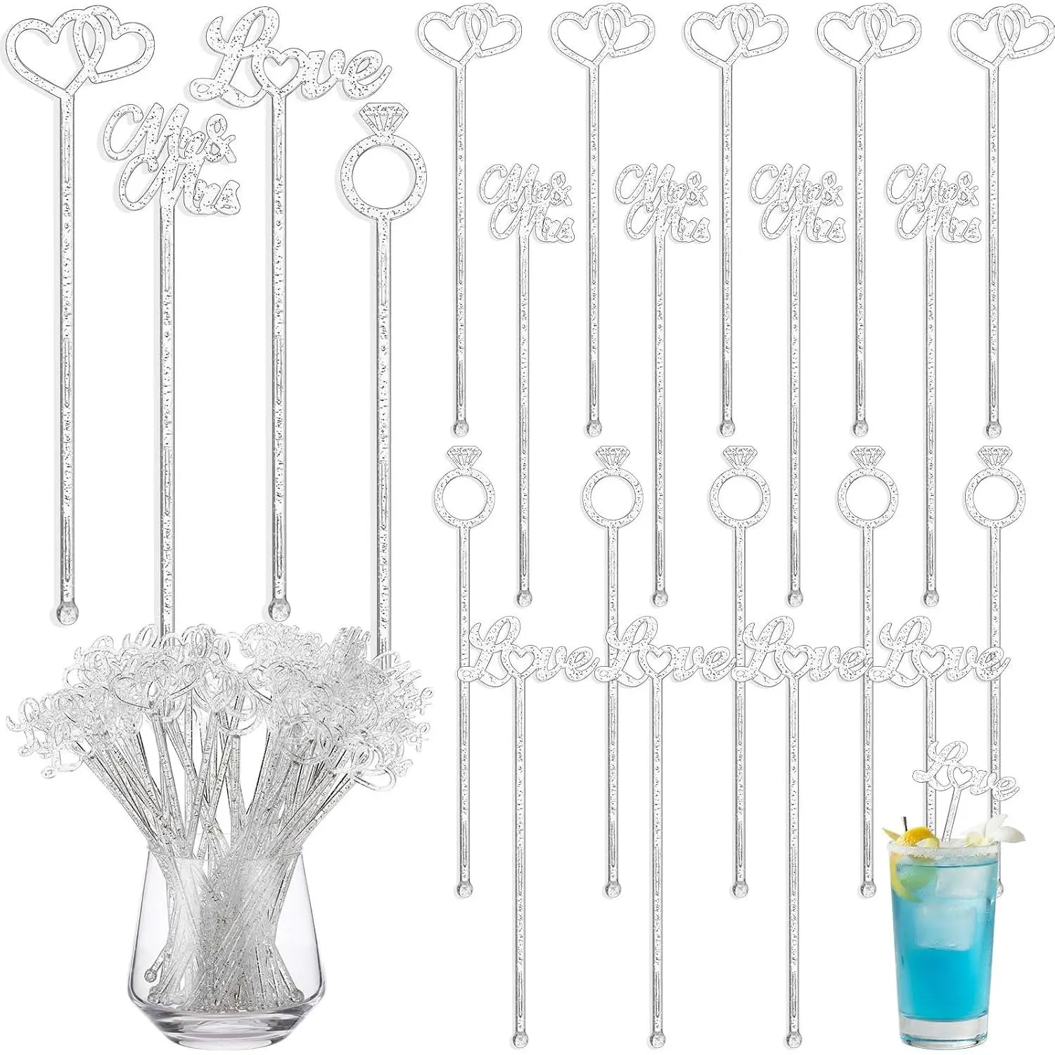 100 Pcs Wedding Drinks Stirrers Plastic Wedding Cocktail Stirrers 7.5 Inch Sliver Glitter Swizzle Sticks Reusable Cupcake Toppers for Appetizers Beverage Coffee Festival Party Favor