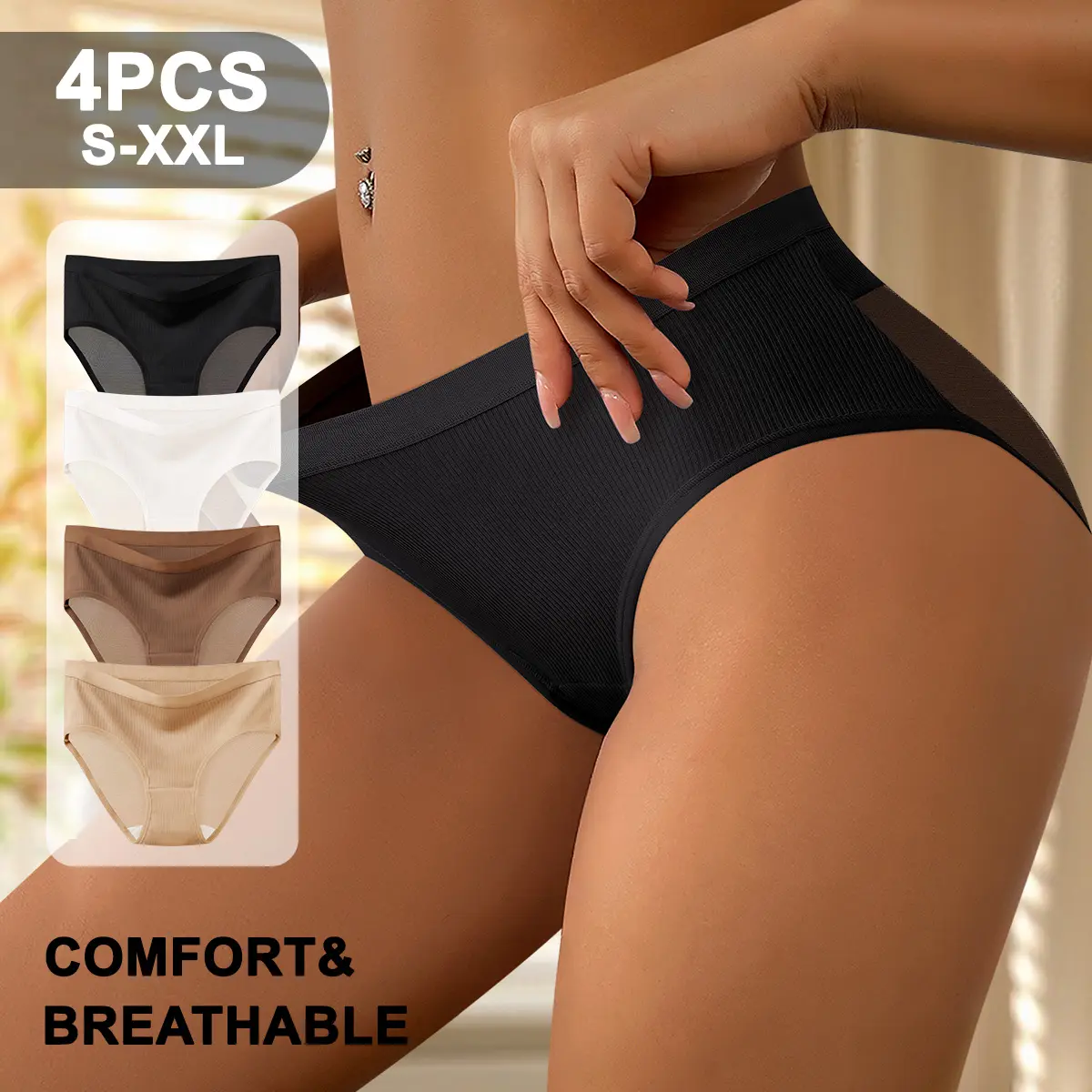 QUASTI Women'S 4PCS Mid Waisted Mesh Bikini Panties, Soft Stretchy Breathable Crotch Briefs, Full Coverage Comfort Intimates Underwear, For All-Day Wear, S-XXL