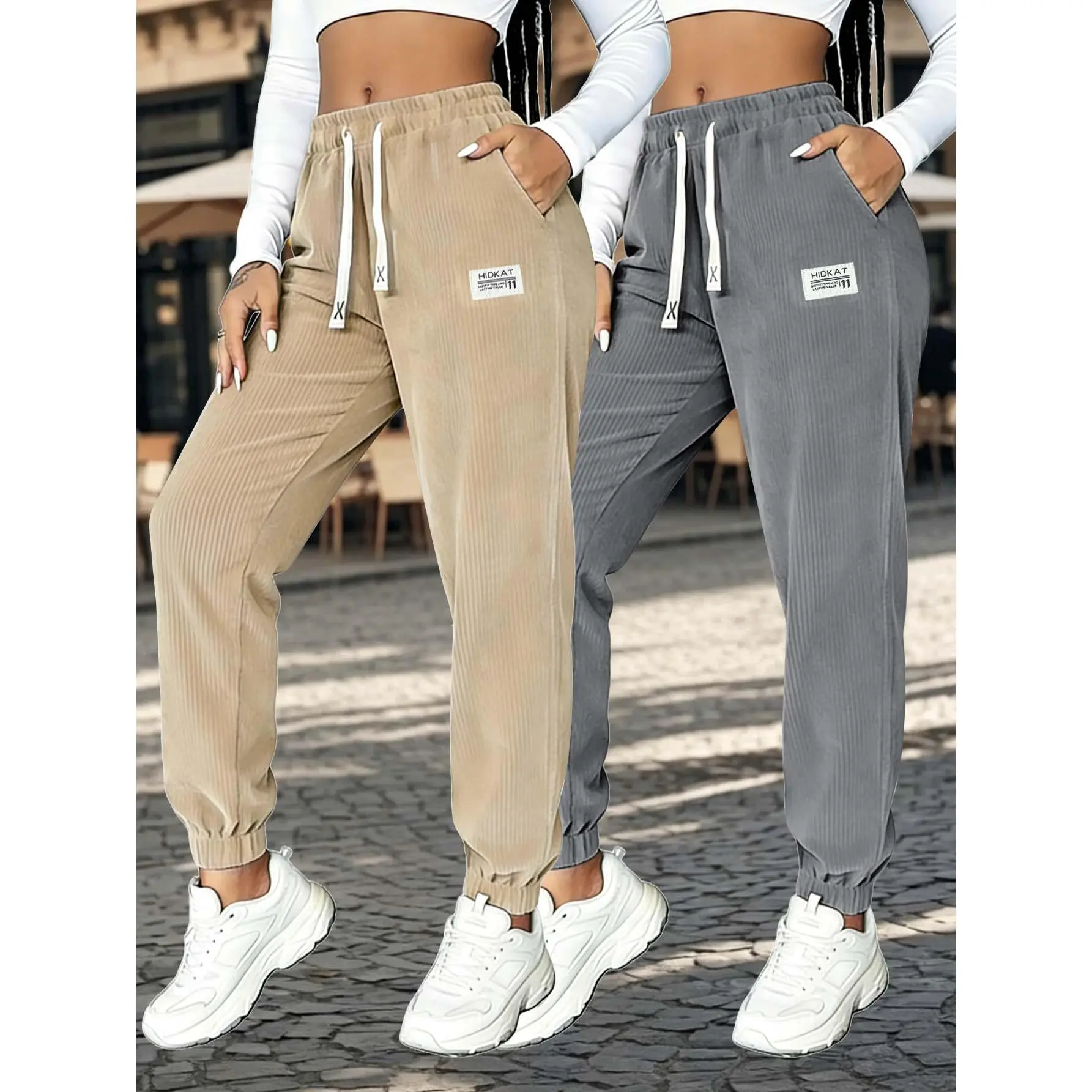 2PCS Women's Breathable Loose Ankle Cuff Jogger Pants, High Waist Dual White Contrast Drawstrings Tiny Logo Patch Casual Trousers for Spring Autumn Daily Street Outfits
