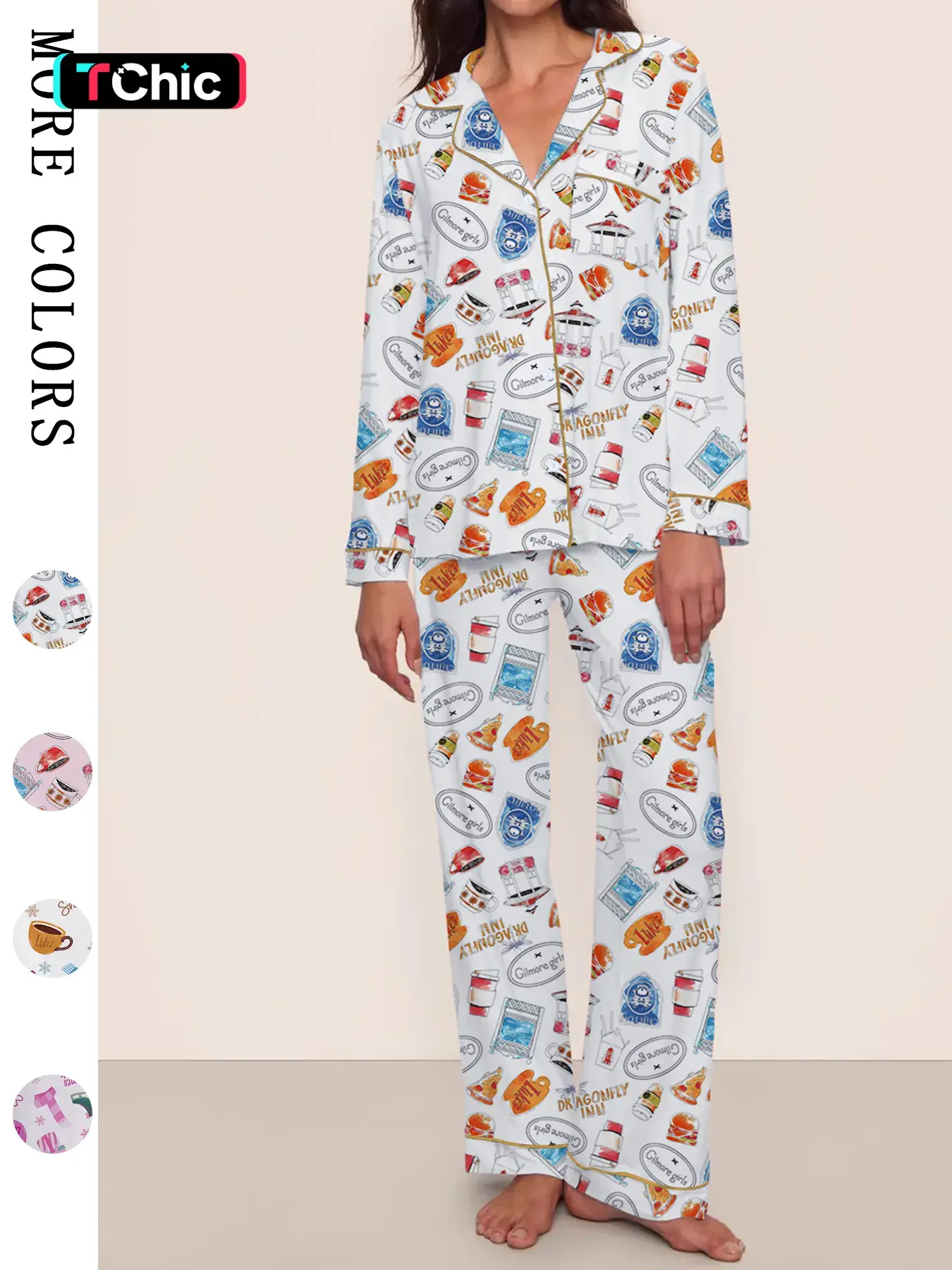 Gilmore Girls Matching Aesthetic Graphic Prints Pajamas Set, Pjs, Loungewear Sets, Women's Cozy Casual Fleece Loungewear, Long Sleeve Top, Elastic Waist Pants, Cute Stars Hollow Themed Christmas Gift.