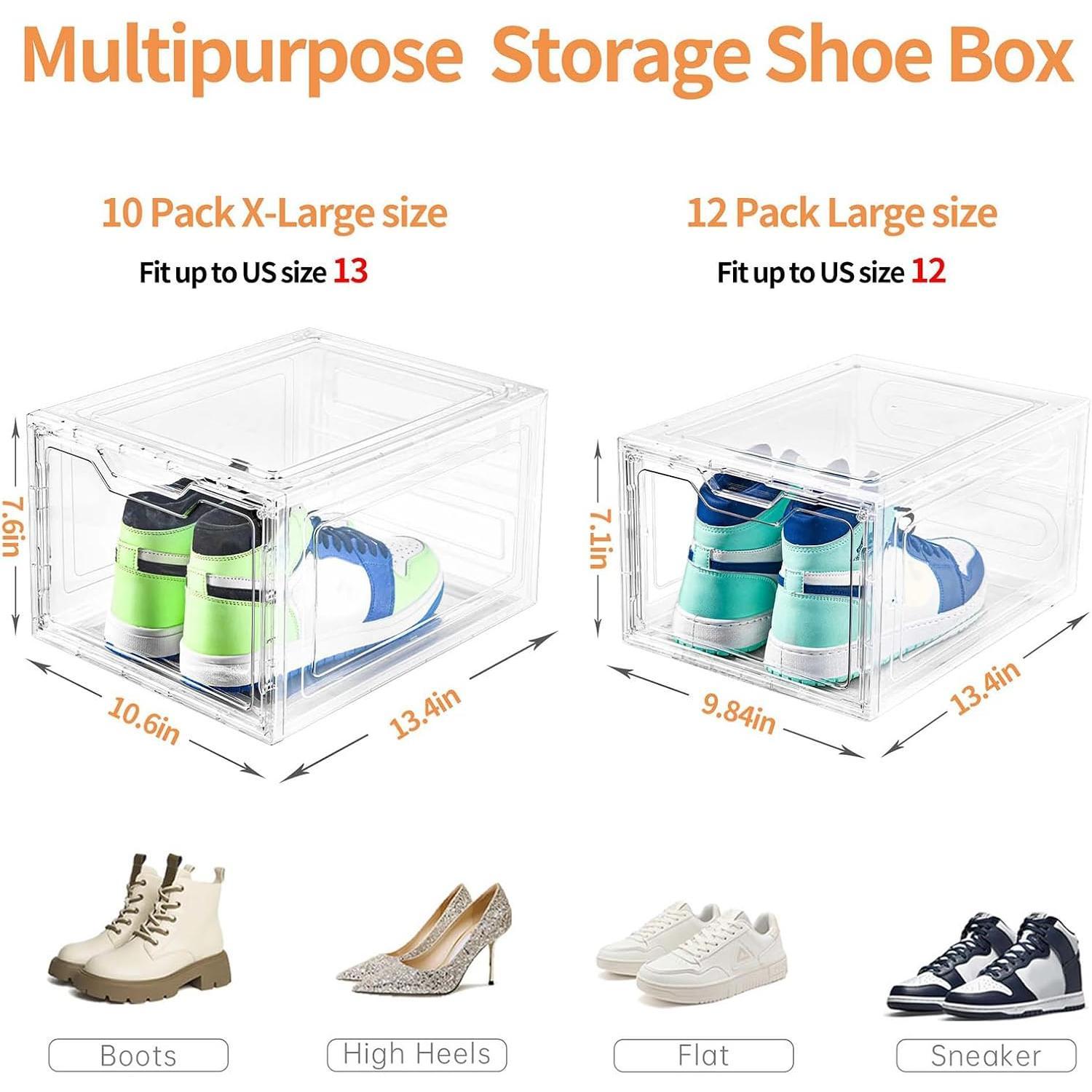 10 Pack Large Shoe Boxes Clear Plastic Stackable,Shoe Storage Organizer with Lids,Shoe Rack for Closet,Shoe Organizer and Shoe Containers for Sneaker Storage, Shoe Display Case Fit up to  Size 13