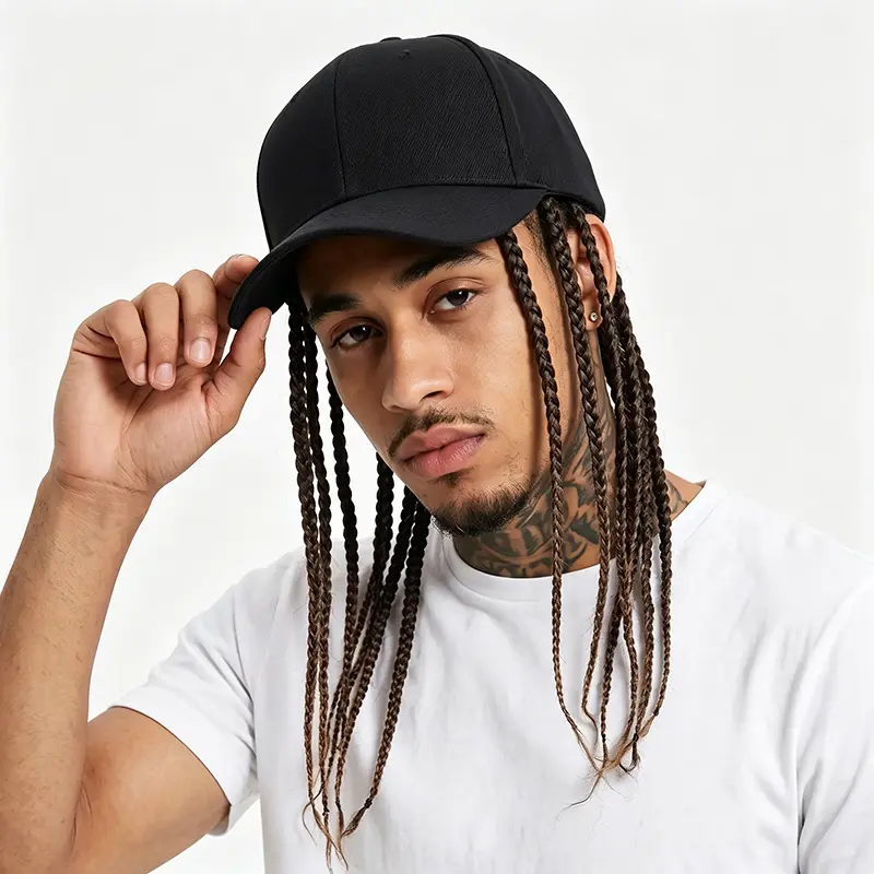 Unisex Hip-Hop Punk Wide-Brim Baseball Hat with Braided Dreadlock Wig, Adjustable Snapback, High-Temperature Fiber, 35.05cm/44.96cm Lengths, Black/Brown, Ideal for Motorcycle & Urban Fashion, Spring Autumn Sun Hat,summervibes