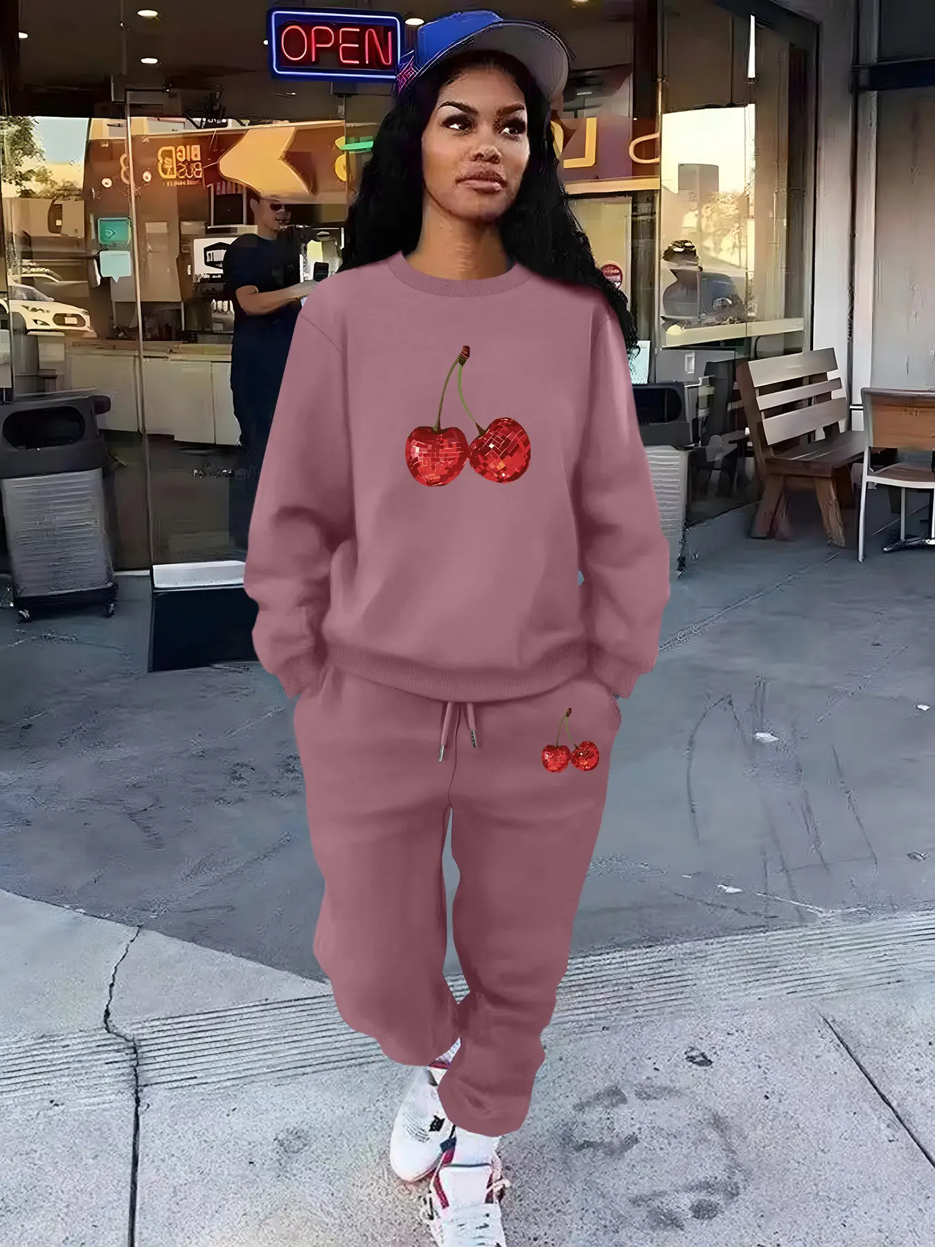 Cherry Print Casual Women's Loose Fit Sportswear Set, Round Neck Long Sleeve Pullover & Pants, Comfortable Daily Wear for Sports and Outdoor Activities