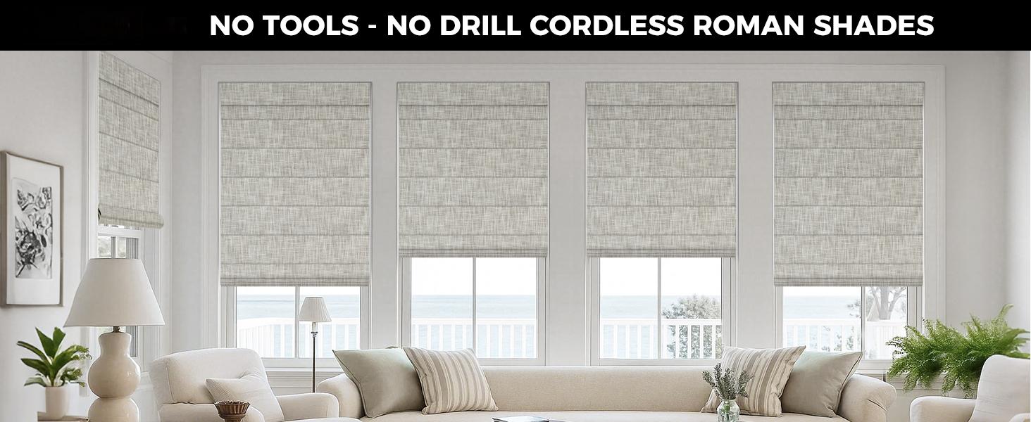 no Drill Cordless Roman Shades for Windows, 35" W * 64" H - 100% Blackout - Linen - Beige