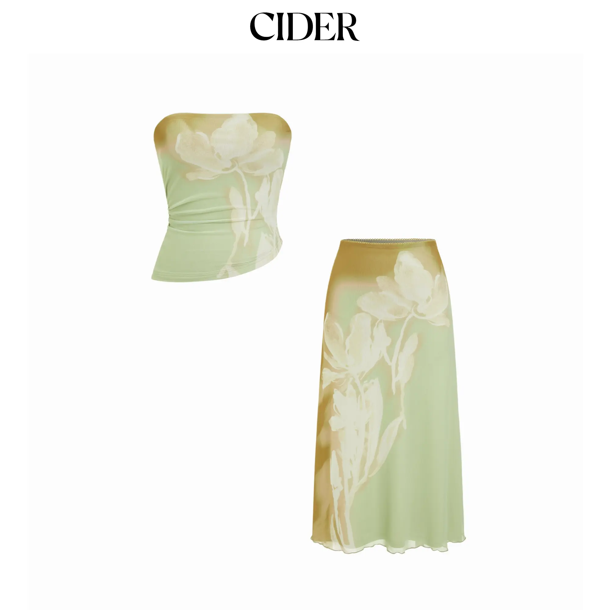 Cider Mesh Floral Wrap Tube Top & Mid Rise Pencil Maxi Skirt Set